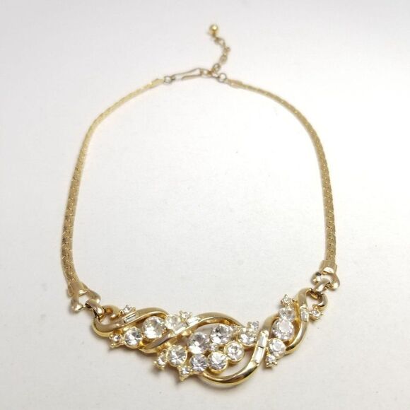 Vintage Gold Tone and Rhinestone Collar Style Necklace Adjustable Length, Estate - Picture 3 of 7